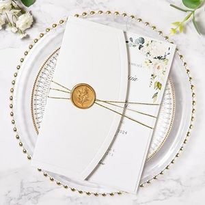 ponatia 20PCS Wedding Invitation Cards Kits - 5x7 Ivory Wrap Pocket Invitation Cards with Envelopes, Gold Wax Seals, Ribbons For Wedding, Baby Shower, Birthday, XV Anos, Quinceanera Invitation