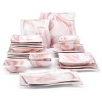 MALACASA Dinner Sets, 26 Piece Plates and Bowls Sets, Porcelain Tableware Square Dinnerware Sets with 6-Piece Dinner Plate/Soup Plate/Side Plate/Bowl and 2 Serving Platters, Marble Pink