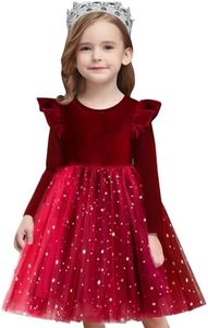 NNJXD Vestido de Tul para niña pequeña Princesa Casual Pequeñas Estrellas Estampado con Volantes Vestidos de Terciopelo para niños pequeños 1962 Rojo Tamaño (120) 4-5 años