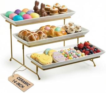 LAUCHUH Large 3 Tier Serving Stand Tiered Serving Trays Collapsible Sturdier Rack with 3 Porcelain Serving Platters for Fruit Dessert Presentation Thanksgiving Christmas Party Display Set, 14 Inch