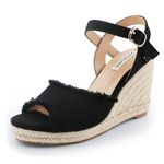 JOY IN LOVE Platform Wedge Sandals for Women 4IN Espadrille Wedge Heels Ankle Strap Sandals, Black, 6.5 UK