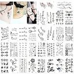 Konsait Temporary Tattoos for Adult Women Men Kids(30 Sheets), Waterproof Temporary Tattoo Fake Black Tiny Tattoos Body Art Sticker Hand Neck Wrist Cover Up Set