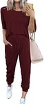 PRETTYGARDEN Women's Two Piece Outfit Short Sleeve Pullover with Drawstring Long Pants Tracksuit Jogger Set (Wine Red,Small)