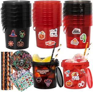 20pcs 32oz Buckets for Drinks, Reusable Food Storage Container, Cocktail Rum Buckets with Lids and Handles, Contains 210pcs Waterproof Stickers & 25pcs Straws for Halloween Party Decoration Decor