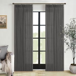 Pinch Pleated Charcoal Grey Linen Curtains 84 Inches Long 2 Panels Set for Living Room Bedroom Dining Pinch Pleat Back Tab Light Filtering Farmhouse Neutral Dark Gray Window Curtain Drapes W50xL84