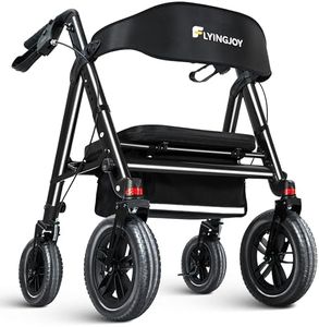 FlyingJoy Rollator Walker with Seat,12" Front Wheels 10" Rear Rolling Walker, Extra-Wide Heavy-Duty Rollator Walker with Seat and Brakes for Seniors and Adults Bariatric with Large Aluminum (Black)