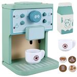 Keyohome 8Pcs Wooden Coffee Machine Play Set,Brew And Serve Wooden Coffee Maker Set,Wooden Kitchen Coffee Machine Maker Toy Set Early Education Coffee Machine for Kids Gift for Kids Gift.(blue)