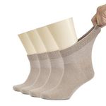 HUGH UGOLI Men's Cotton Diabetic Ankle Socks, Wide, Thin, Loose Fit and Stretchy, Seamless Toe & Non Binding Top, 4 Pairs, Light Beige, Shoe Size: 11-13