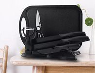 GTC 7 Pieces Kitchen Knife Non-Stick Coating Stainless Steel Knife Set with Holder Black Knife Set Soft Handle Offers Comfortable and Lightweight Grip (HS0001)