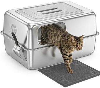 Ptlom Enclosed Stainless Steel Litter Box for Large Cats, Leak-Proof Metal Cat Toilet with Lid, Ventilated Top Opening Covered Cat Pan High Sided Walls, Scoop & Litter Mat, 27.7" x 19.8" x 15.1"