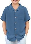 Arshiner Boy Button-Down Shirts Cuban Collar Summer Kids Short Sleeve Basic Solid School Shirts Casual Fashion Uniforms Shirts for Boys 7-8 Years Dark Blue