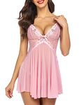 Avidlove Lingerie V Neck Babydoll Lace Chemise Mesh Sleepwear Full Slip Nightwear Side Spilt Nightdress Pink