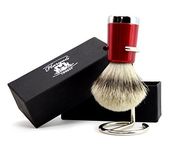 Mens Sliver Tip Badger Hair Shaving Brush with Shiny Red Base & Stainless Steel Brush Stand/Holder