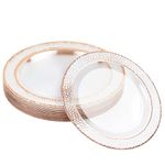 MATANA 20 Premium Clear Plastic Dessert Plates with Rose Gold Rim, 19cm / 7 Inch - Elegant & Reusable Small Side Plates, Starter Plates for Weddings, Birthdays, Picnic, BBQ, Parties