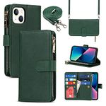 Cavor iPhone 13 Case With Strap,iPhone 13 Phone Case With Card Holders,Flip Leather Women Crossbody Wallet Case,[9 Slots][Magnetic],Lanyard Phone Case Cover for iPhone 13 - Dark Green