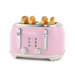 Salter Retro Pink 4-Slice Toaster – Wide Slots, 6 Browning Levels, Defrost, Reheat, Cancel Functions, Removable Crumb Tray, Extra Thick Bread, High-Lift Eject, Self-Centring, Vintage Design, 1630W