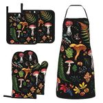 MIFSOIAVV Mushroom Oven Mitts and Pot Holders Sets with Apron 5Pcs Heat Resistant Mushrooms Kitchen Mitten Gloves and Non-Slip Potholders Apron Sets Oven Gloves Hot Holders for Baking Cooking BBQ