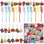 Movie Night Party Favors, 12 Pack Movie Night Keychains, Movie Night Crazy Straws and Stickers for Hollywood Party Decorations Oscar Party Supplies Crazy Birthday Party Movie Theme Birthday Party