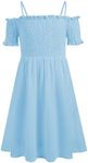 Arshiner Girl Dress Cute Cotton Puff Sleeve Swing Birthday Beach Dress for Kid Light Blue 4-5Y