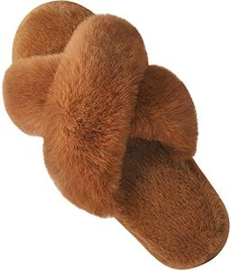 Parlovable Women's Cross Band Slippers Fuzzy Soft House Slippers Plush Furry Warm Cozy Open Toe Fluffy Home Shoes Comfy Indoor Outdoor Slip On Breathable, Caramel, 9-10