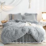 HAIHUA Luxury Plush Shaggy Flannel Velvet (1 Faux Fur Duvet Cover + 2 Pillowcases) Fluffy Comforter Bedding Sets 3 Pieces,Zipper Closure (Gray, Queen)