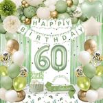 60th Birthday Decorations, Sage Green 60th Birthday Decorations for Women Happy Birthday Banner Green Gold Balloons Crown Sash Fringe Curtain Tablecloth Cake Topper for Woman 60th Birthday Party Decor