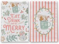 Honeyplum Christmas Kitchen Towel Set of 2 - Pink Gingerbread Christmas Decor - 18 x 26 Cotton Hand Towels, Tea Towels, Dish Towels