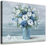 arteWOODS Vintage Flowers Canvas Wall Art Blue White Blossom Canvas Painting Retro Flowers in Vase Canvas Pictures Blue Ocean Background Artwork Prints for Bathroom Bedroom Wall Decor 16" X 12"