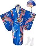 Children Yukata Vintage Japanese Style - Girl Kimono Kids Dress Traditional Clothing Silk Fabric Robe Wedding Wear Party Performance Gown, Royal Blue-set, 140