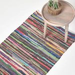 HOMESCAPES - 100% Recycled Cotton Chindi Rug Runner Multi Coloured Stripes on White Base 66 x 200 cm Handmade Area Floor Rag Rug Large Traditional Indian Carpet Mat for Hallways, Living Room