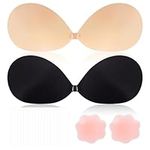 2 Pack Reusable Push Up Strapless Bra, Invisible Adhesive Backless Bra with 2 Pair Nipple Covers 36pcs Body Tape, Sticky Push Up Bra for Women (Round(Black + Skin), D)