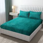 Furnistitchs Velvet Warm Winter Solid Flannel Elastic Fitted Bedsheets for Double Bed King Size 90x100 inches with 2 Pillow Covers | Double Bed Warm Bedsheet with Elastic - Fitted (Sea Green)