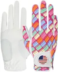 Womens Golf Glove with Ball Marker Rain Left Right Hand Leather Printed Pack, Ladies Golf Gloves All Weather Grip Breathable Soft Size Small Medium Large XL (Blue&Pink, Medium-Worn on Right Hand)