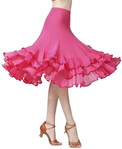 Z&X Women's Ballroom Dancing 360 Degree Long Swing Latin Salsa Rumba Flamenco Dance Skirts for Practice, Rose Red, One Size