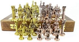 GGICO Handcrafted Roman Art Brass chees Set (16X16) with Copper Coated Brass Sculpted, Folding Wooden Chess Board for Gifting and Playing, Kids and Adults (Brown)