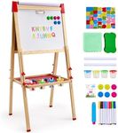 VEVOR Art Easel for Kids, 3-in-1 Wooden Double-Sided Kid's Art Easel with Magnetic Whiteboard, Chalkboard & Paper Roll, Adjustable Standing Drawing Board with Painting Accessories for Boys and Girls