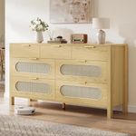 DWVO Natural Rattan 7 Drawer Dressers - Oak Wooden Dresser Chest of Drawers with Golden Handles - Modern Large Closet Boho Dressers Storage Cabinet for Living Room/Hallway/Entryway