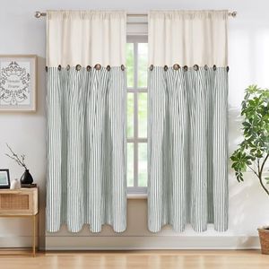 ASPMIZ Cotton Linen Farmhouse Curtains Boho Rustic Button Curtains, Linen Window Curtain Panels Green Stripe Country Curtains for Bedroom Living Room, Rod Pocket Window Drapes, 52 x 63 Inch, 2 Panels