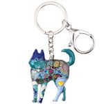 WEVENI Enamel Alloy Siberian Husky Dog Keychain Key Ring Pet Jewelry For Women Girls Bag Car Wallet (Navy)