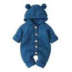 IBTOM CASTLE 3D Bear Ears Hooded Romper for Unisex Newborn Long Sleeve Knitted Sweater Jumpsuit Playsuit One-Piece Bodysuit Winter Warm Outerwear Sleepwear Blue 0-6 Months