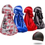 4PCS Silky Durags for Men 360 Waves, Designer Do Rag, Award 1 Wave Cap, Kiss Blue Black Red, Medium