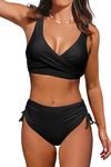 Beachsissi High Waisted Swimsuit Criss Cross Drawstring Side Bikini Set 2 Piece Bathing Suit, M Black