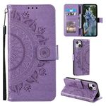 EYZUTAK Case for iPhone 14, Premium Leather Flip Wallet Case with Card Slots Holder Kickstand Hand Strap Mandala Half Flower Design Embossed Shockproof Cover Case - Purple