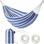 ROOITY Double Hammock Brazilian Hammocks with Portable Carrying Bag,Soft Woven Fabric, Up to 450 Lbs Hanging for Patio,Trees,Garden,Backyard,Porch,Outdoor and Indoor XXX-Large Stripe (Blue-White)