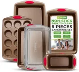 NutriChef 5-Piece Nonstick Baking Pan Set - Premium Steel Bakeware w/Silicone Handles - Includes 2 Baking Sheets, 12-Cup Muffin Pan, Loaf Pan, & Roaster Pan w/BPA-Free Lid - Easy to Clean, Gold