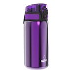 Ion8 Kids Water Bottle, Steel 400 ml/13 oz, Leak Proof, Easy to Open, Secure Lock, Dishwasher Safe, Flip Cover, Carry Handle, Easy Clean, Durable, Carbon Neutral, Metallic Purple