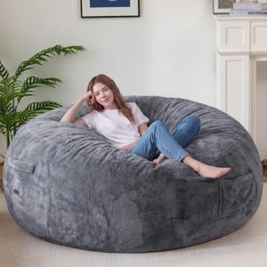 MAXYOYO Bean Bag Chair for Adluts, Soft Plush Faux Fur Bean Bag Sofa with Supportive Foam Filling, Floor Sofa Seat with Side Pocket and Washable Cover, Dark Grey, 5FT