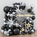 Black and Silver Balloon Garland Arch Kit with 3pcs Star Balloons, Silver and Black Balloon Confetti Latex Balloons for Birthday Wedding Graduation Baby Shower Disco Anniversary Party Decorations