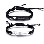 PJ JEWELLERY Personalised Stainless Steel and Braided Rope Adjustable Hollow Heart Couples Bracelet Distance Matching Bracelets for him and her