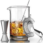 MOFADO Crystal Cocktail Mixing Glass Set - 4 Piece - 18oz 550ml - Thick and Sturdy Bottom, Durable Mixing Glass, Spoon, Jigger, Strainer